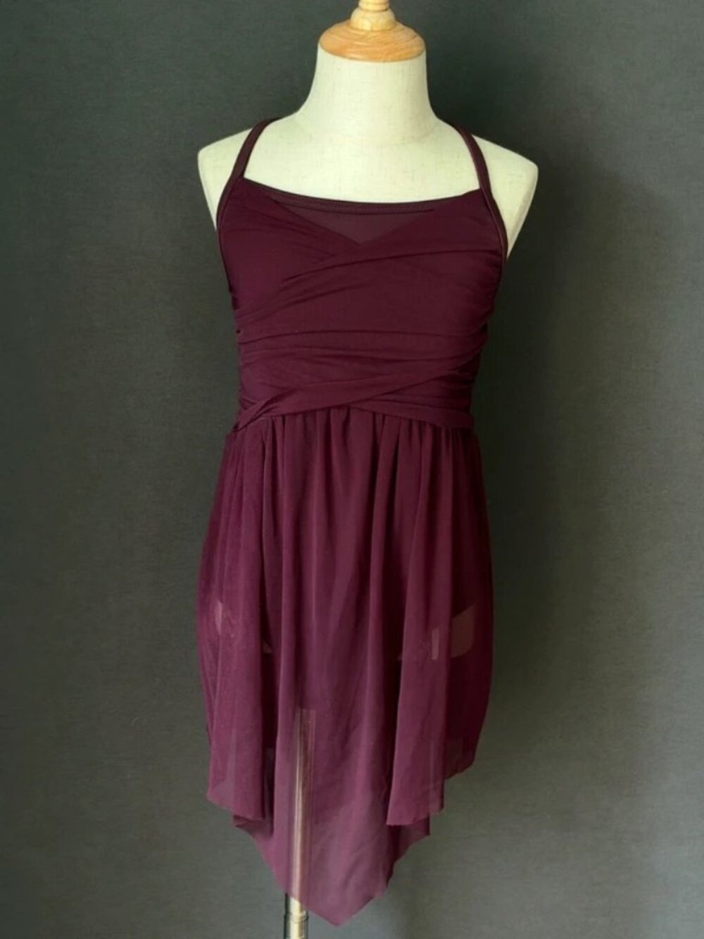 Weissman Plum Shirred Mesh Wrap Crisscross Back Dress Lyrical Dance Costume XLC